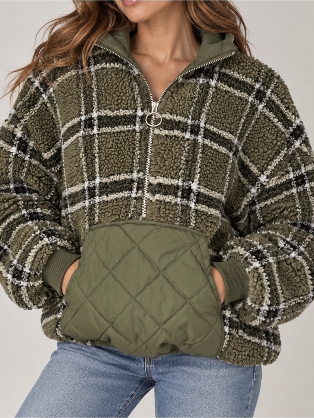 Zara Green Plaid Sherpa Fleece Quilted Pocket Pullover Hoodie (XS)